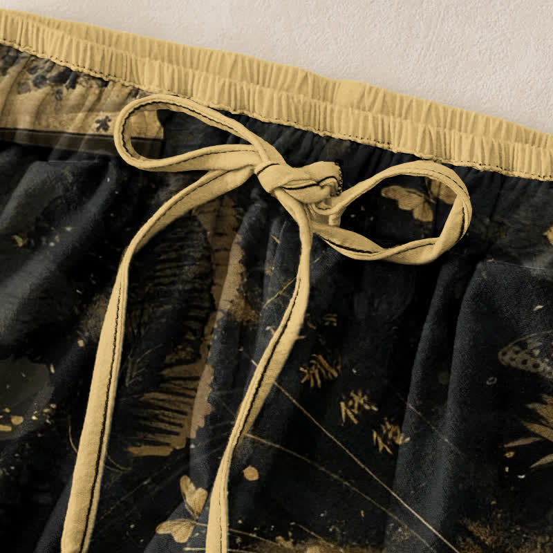 Buddha Stones Pantalon pour femme à taille élastique et poches, orné d'un motif floral et de papillons en feuille d'or - image 1