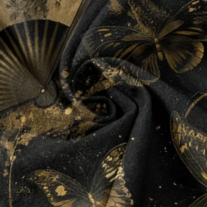 Buddha Stones Pantalon pour femme à taille élastique et poches, orné d'un motif floral et de papillons en feuille d'or - image 3