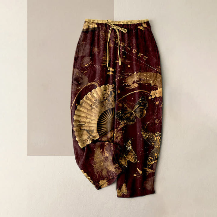 Buddha Stones Pantalon pour femme à taille élastique et poches, orné d'un motif floral et de papillons en feuille d'or - Bordeaux - US16，UK/AU20，EU48 (3XL) - image 4