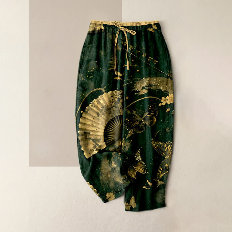 Buddha Stones Pantalon pour femme à taille élastique et poches, orné d'un motif floral et de papillons en feuille d'or - Vert foncé - US16，UK/AU20，EU48 (3XL) - image 5