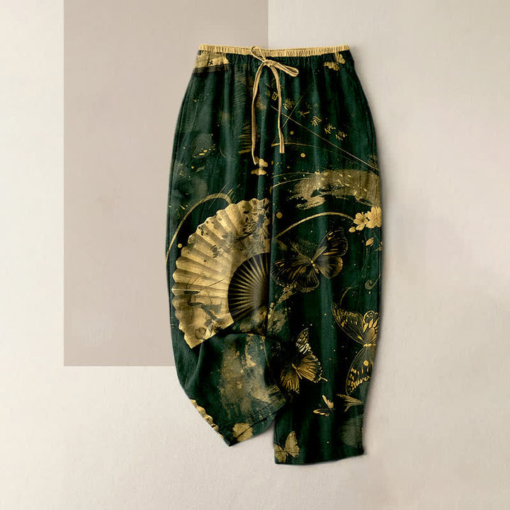 Buddha Stones Pantalon pour femme à taille élastique et poches, orné d'un motif floral et de papillons en feuille d'or - Vert foncé - US16，UK/AU20，EU48 (3XL) - image 5