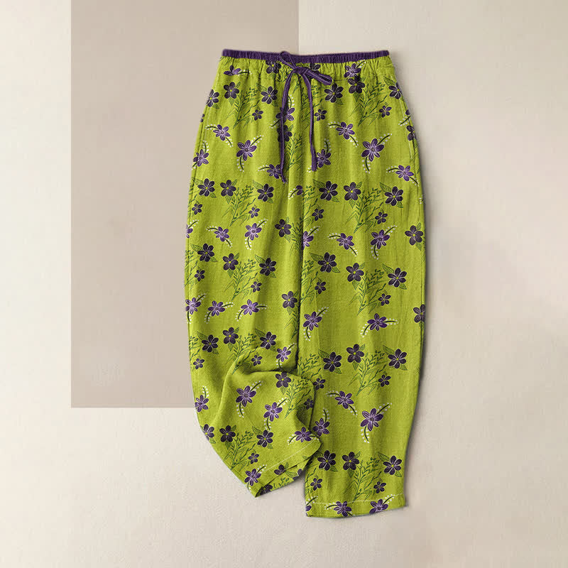 Buddha Stones Pantalon pour femme en pur coton violet à motif floral et feuilles, taille élastique et poches - JauneVert - US16，UK/AU20，EU48 (3XL) - image 0