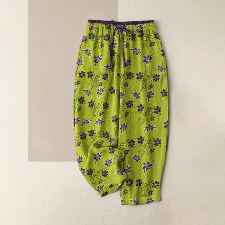 Buddha Stones Pantalon pour femme en pur coton violet à motif floral et feuilles, taille élastique et poches - JauneVert - US16，UK/AU20，EU48 (3XL) - image 0
