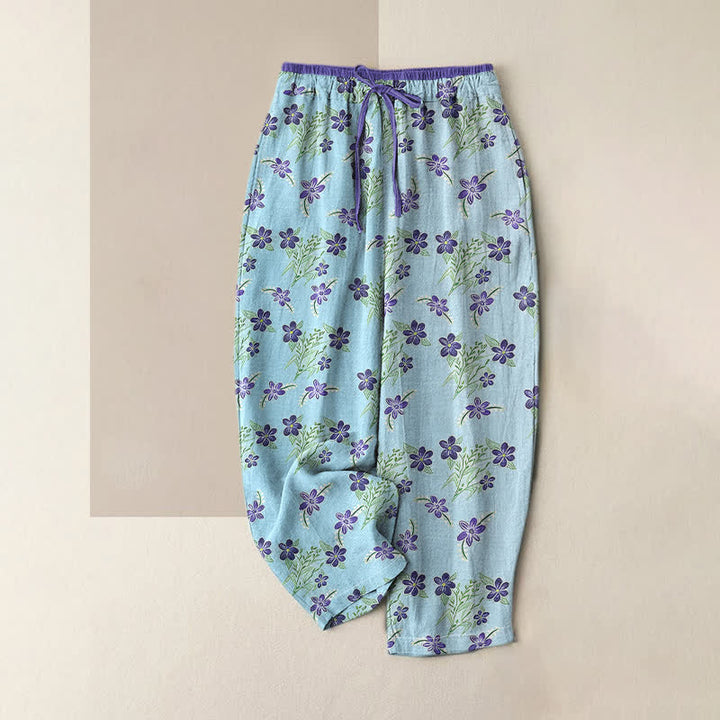 Buddha Stones Pantalon pour femme en pur coton violet à motif floral et feuilles, taille élastique et poches - Turquoise pâle - US16，UK/AU20，EU48 (3XL) - image 3