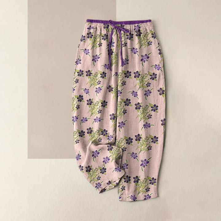 Buddha Stones Pantalon pour femme en pur coton violet à motif floral et feuilles, taille élastique et poches - Rose - US16，UK/AU20，EU48 (3XL) - image 4