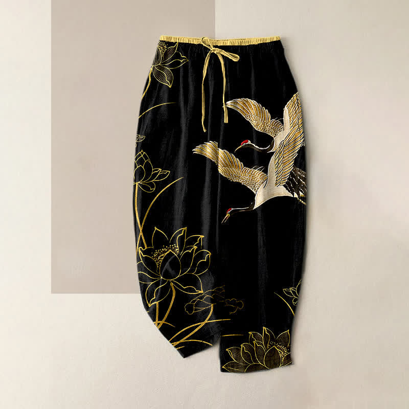 Buddha Stones Pantalon pour femme en pur coton, motif grue et lotus, taille élastique et poches - Noir - US16，UK/AU20，EU48 (3XL) - image 0