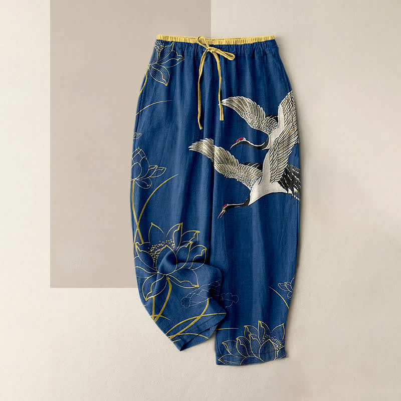 Buddha Stones Pantalon pour femme en pur coton, motif grue et lotus, taille élastique et poches - SteelBlue - US16，UK/AU20，EU48 (3XL) - image 4