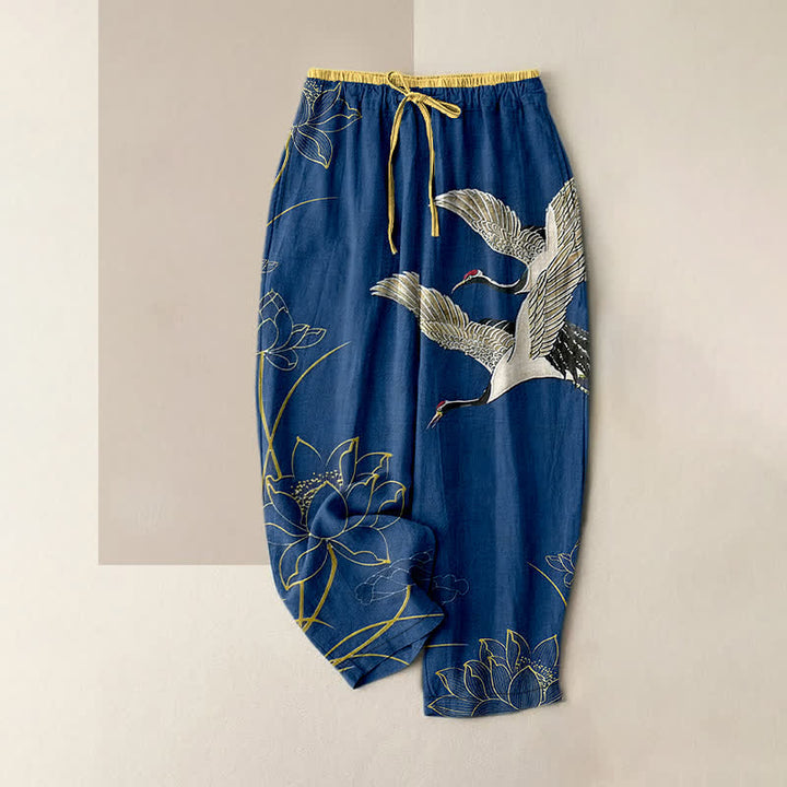 Buddha Stones Pantalon pour femme en pur coton, motif grue et lotus, taille élastique et poches - SteelBlue - US16，UK/AU20，EU48 (3XL) - image 4