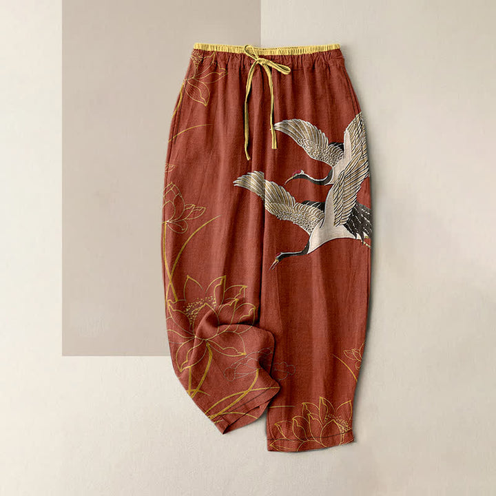 Buddha Stones Pantalon pour femme en pur coton, motif grue et lotus, taille élastique et poches - Brun - US16，UK/AU20，EU48 (3XL) - image 5