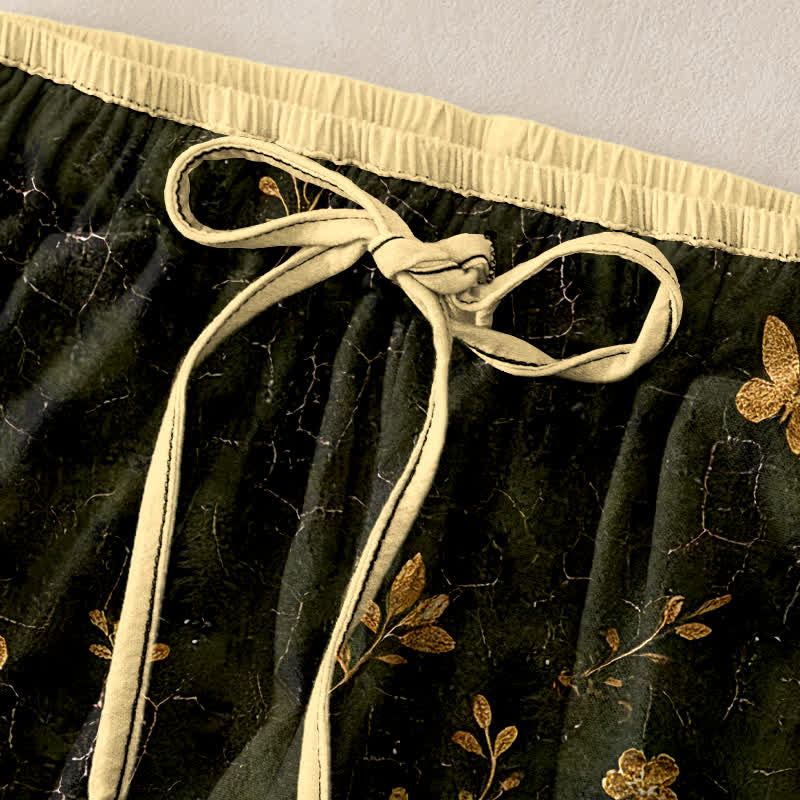 Buddha Stones Pantalon pour femme en pur coton à motif floral papillon doré et taille élastique avec poches - image 1