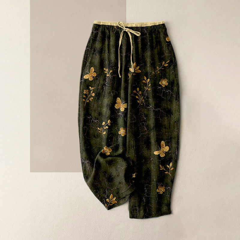 Buddha Stones Pantalon pour femme en pur coton à motif floral papillon doré et taille élastique avec poches - Olive - US16，UK/AU20，EU48 (3XL) - image 0