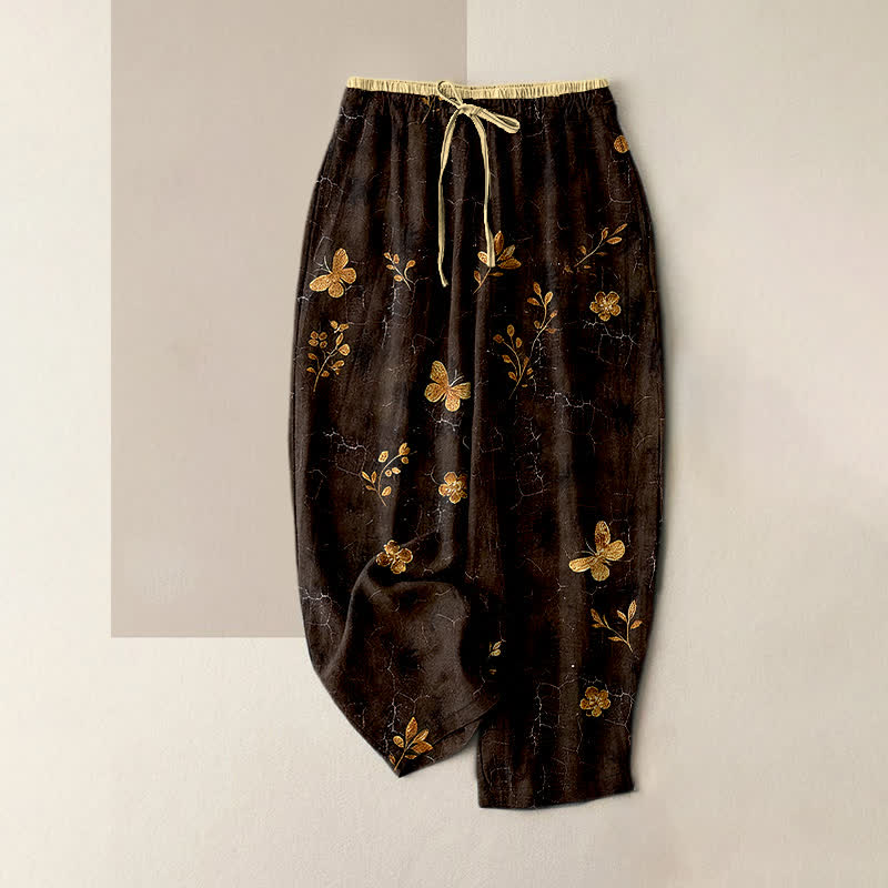 Buddha Stones Pantalon pour femme en pur coton à motif floral papillon doré et taille élastique avec poches - SaddleBrown - US16，UK/AU20，EU48 (3XL) - image 4