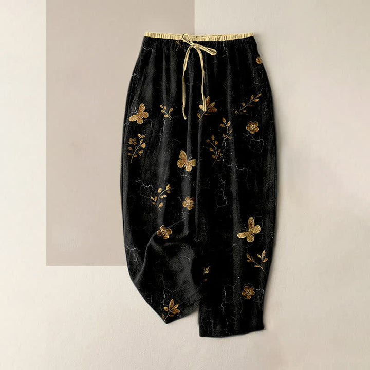 Buddha Stones Pantalon pour femme en pur coton à motif floral papillon doré et taille élastique avec poches - Noir - US16，UK/AU20，EU48 (3XL) - image 5