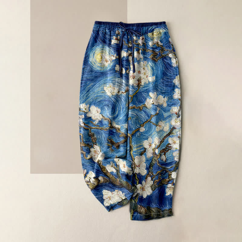 Buddha Stones Pantalon pour femme à taille élastique et poches, motif ciel étoilé et fleurs d'amandier de Van Gogh - Bleu royal - US16，UK/AU20，EU48 (3XL) - image 0