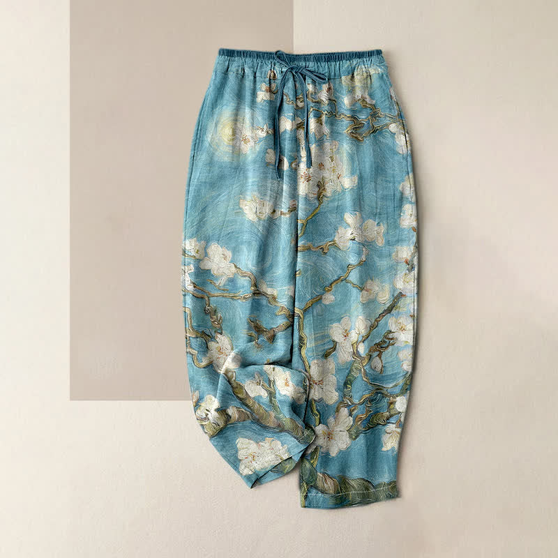 Buddha Stones Pantalon pour femme à taille élastique et poches, motif ciel étoilé et fleurs d'amandier de Van Gogh - Turquoise pâle - US16，UK/AU20，EU48 (3XL) - image 3