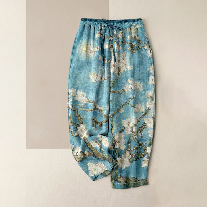 Buddha Stones Pantalon pour femme à taille élastique et poches, motif ciel étoilé et fleurs d'amandier de Van Gogh - Turquoise pâle - US16，UK/AU20，EU48 (3XL) - image 3