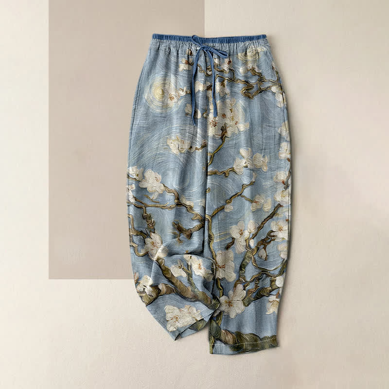 Buddha Stones Pantalon pour femme à taille élastique et poches, motif ciel étoilé et fleurs d'amandier de Van Gogh - Bleu clair - US16，UK/AU20，EU48 (3XL) - image 4