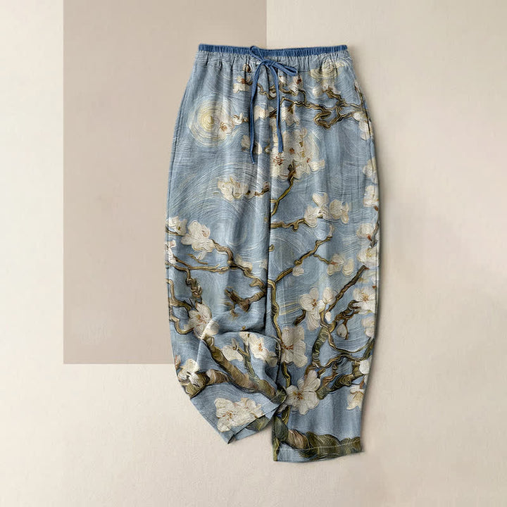 Buddha Stones Pantalon pour femme à taille élastique et poches, motif ciel étoilé et fleurs d'amandier de Van Gogh - Bleu clair - US16，UK/AU20，EU48 (3XL) - image 4