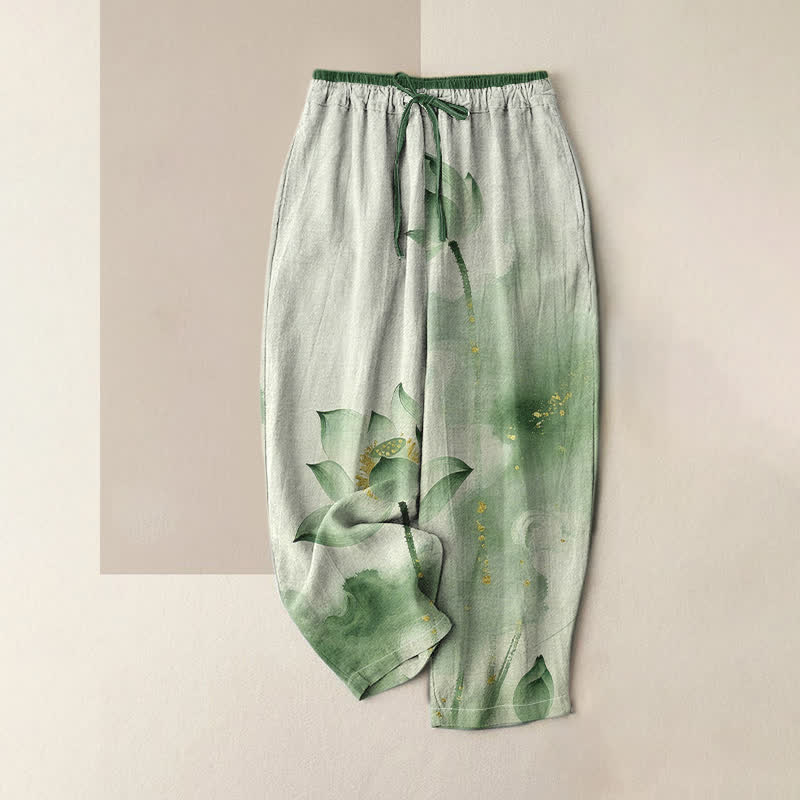 Buddha Stones Pantalon pour femme en pur coton à motif lotus doré moucheté, taille élastique et poches - Vert foncé - US16，UK/AU20，EU48 (3XL) - image 0