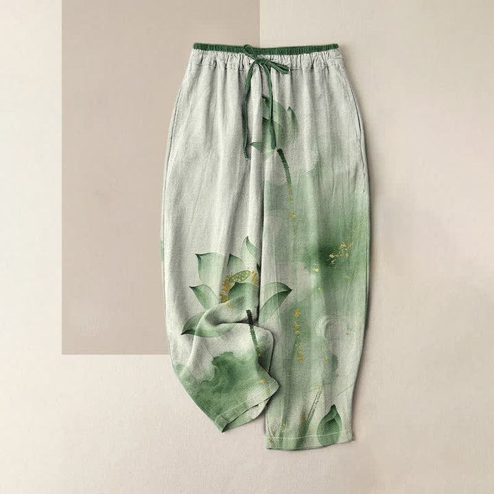 Buddha Stones Pantalon pour femme en pur coton à motif lotus doré moucheté, taille élastique et poches - Vert foncé - US16，UK/AU20，EU48 (3XL) - image 0