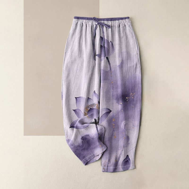 Buddha Stones Pantalon pour femme en pur coton à motif lotus doré moucheté, taille élastique et poches - Lavande - US16，UK/AU20，EU48 (3XL) - image 3