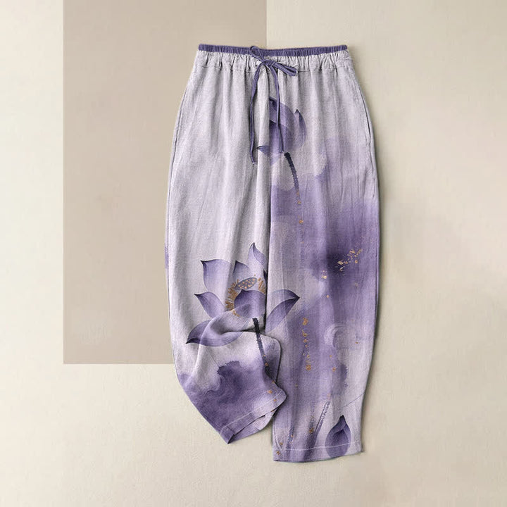 Buddha Stones Pantalon pour femme en pur coton à motif lotus doré moucheté, taille élastique et poches - Lavande - US16，UK/AU20，EU48 (3XL) - image 3