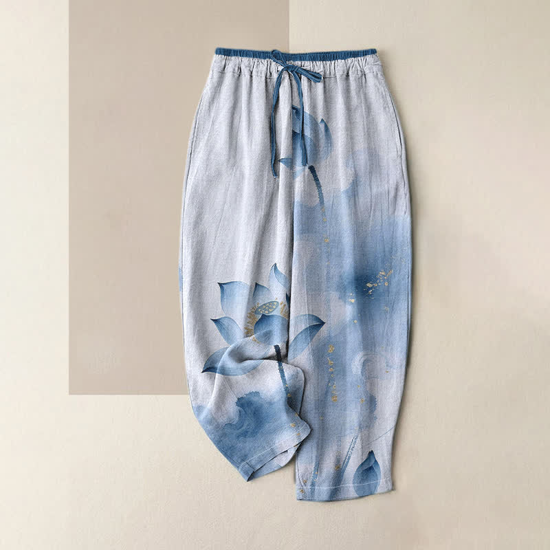 Buddha Stones Pantalon pour femme en pur coton à motif lotus doré moucheté, taille élastique et poches - Azuré - US16，UK/AU20，EU48 (3XL) - image 4