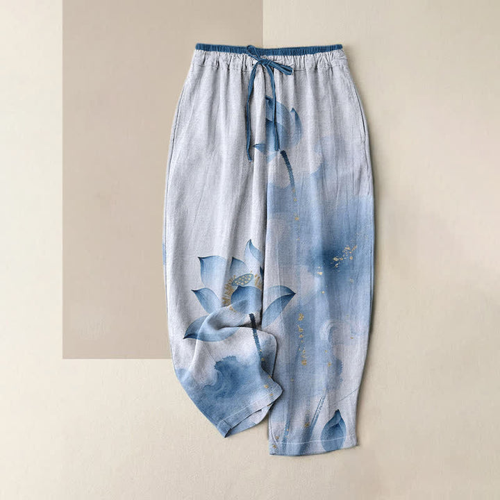 Buddha Stones Pantalon pour femme en pur coton à motif lotus doré moucheté, taille élastique et poches - Azuré - US16，UK/AU20，EU48 (3XL) - image 4