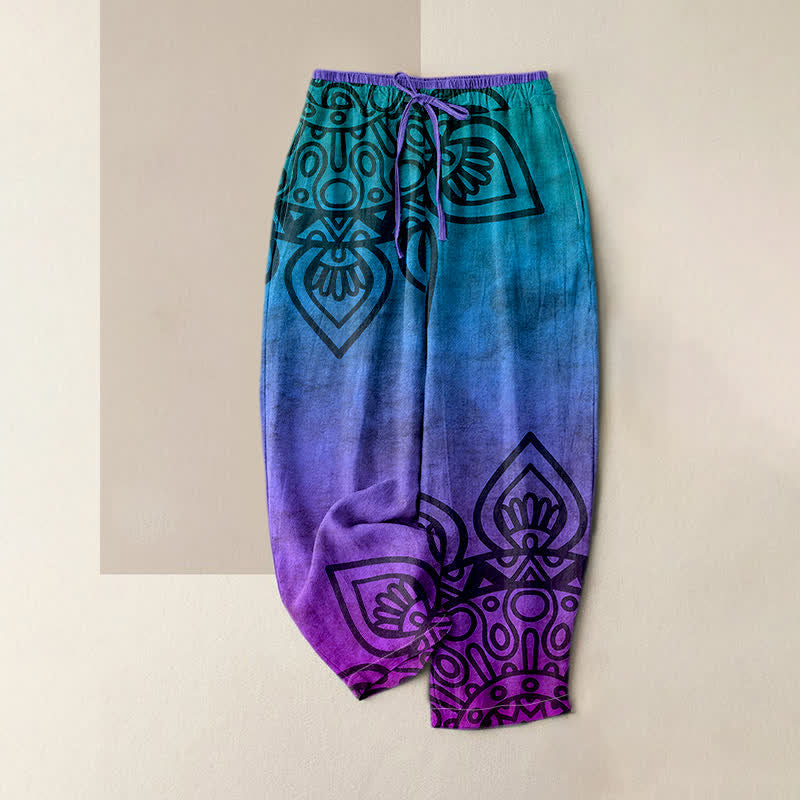 Buddha Stones Pantalon pour femme en pur coton à motif mandala dégradé et taille élastique avec poches - BleuViolet - US16，UK/AU20，EU48 (3XL) - image 0