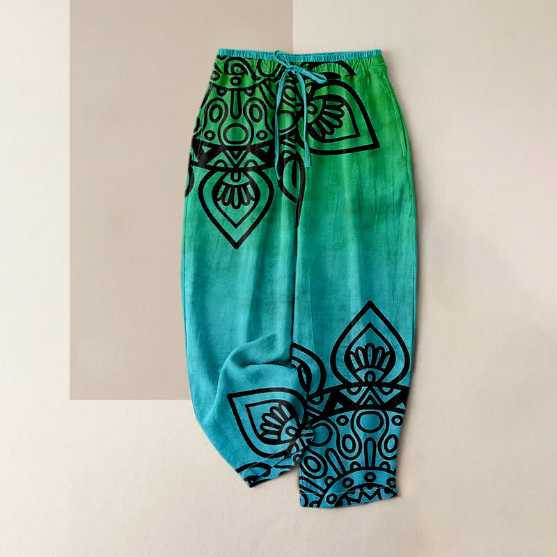Buddha Stones Pantalon pour femme en pur coton à motif mandala dégradé et taille élastique avec poches - Turquoise - US16，UK/AU20，EU48 (3XL) - image 3
