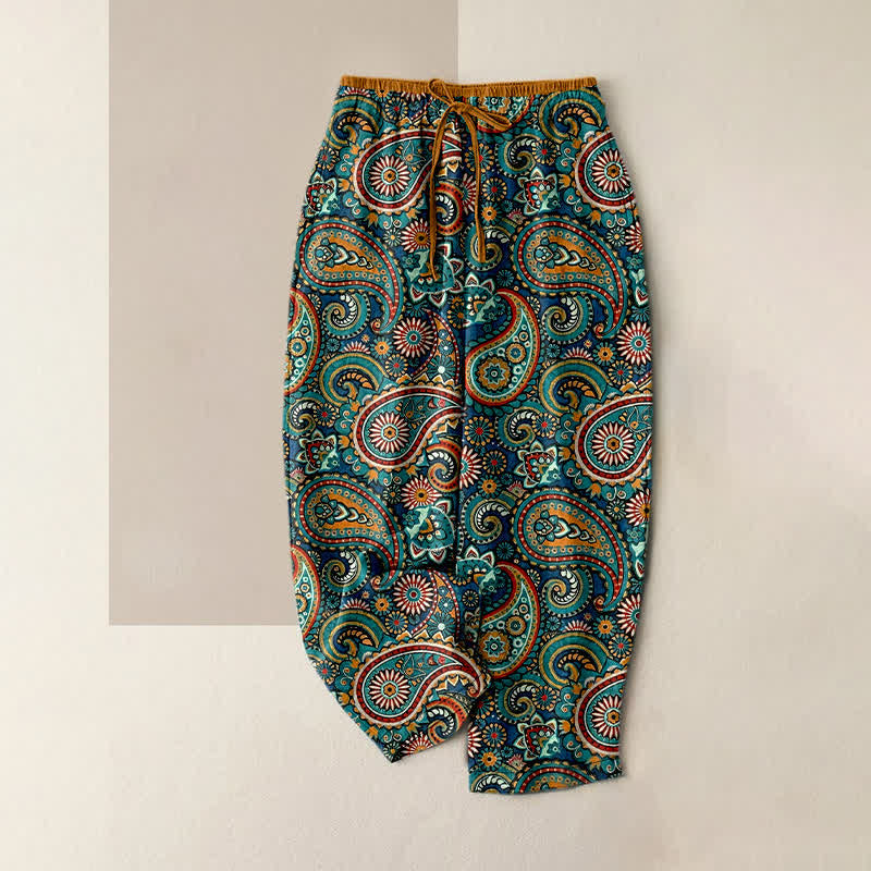 Buddha Stones Pantalon pour femme en pur coton à imprimé floral cachemire, taille élastique et poches - Sarcelle - US16，UK/AU20，EU48 (3XL) - image 0