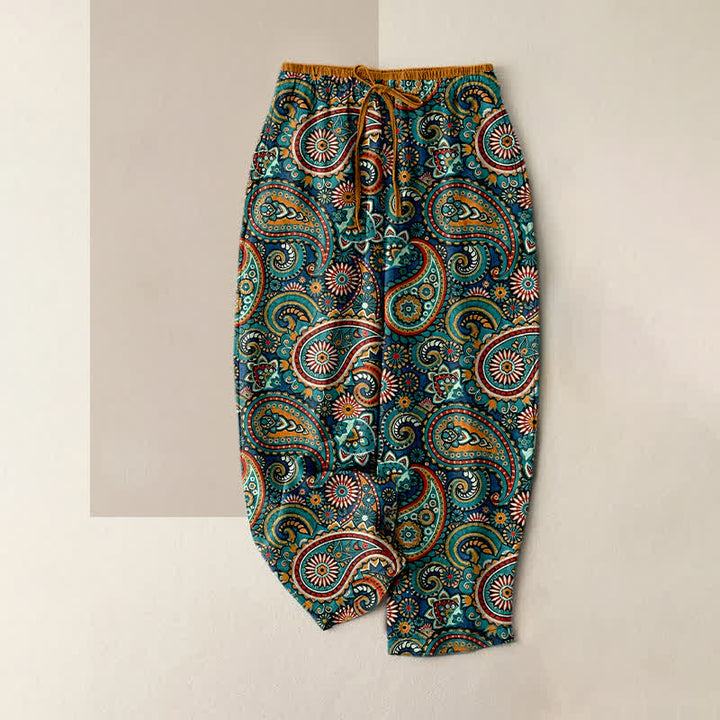 Buddha Stones Pantalon pour femme en pur coton à imprimé floral cachemire, taille élastique et poches - Sarcelle - US16，UK/AU20，EU48 (3XL) - image 0