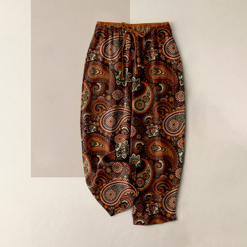 Buddha Stones Pantalon pour femme en pur coton à imprimé floral cachemire, taille élastique et poches - Brun - US16，UK/AU20，EU48 (3XL) - image 4