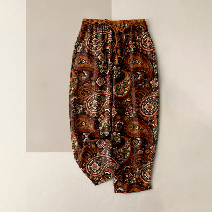 Buddha Stones Pantalon pour femme en pur coton à imprimé floral cachemire, taille élastique et poches - Brun - US16，UK/AU20，EU48 (3XL) - image 4