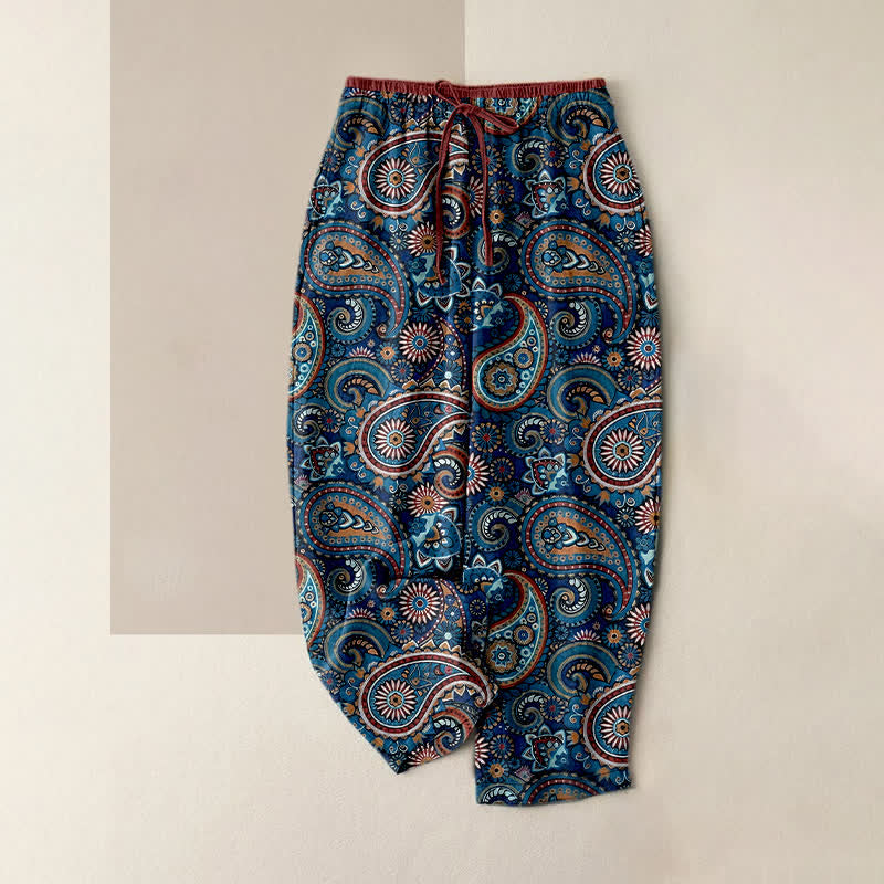 Buddha Stones Pantalon pour femme en pur coton à imprimé floral cachemire, taille élastique et poches - SteelBlue - US16，UK/AU20，EU48 (3XL) - image 5