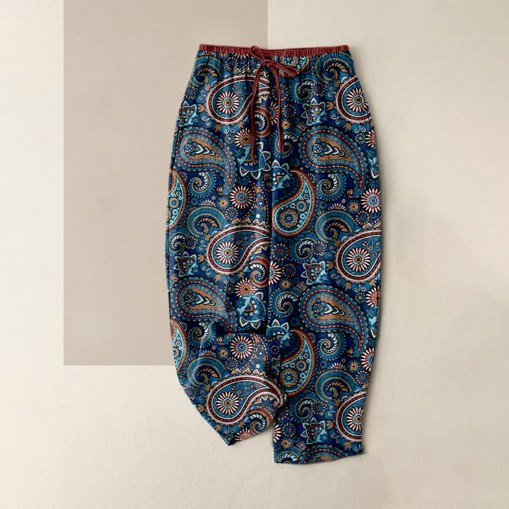 Buddha Stones Pantalon pour femme en pur coton à imprimé floral cachemire, taille élastique et poches - SteelBlue - US16，UK/AU20，EU48 (3XL) - image 5