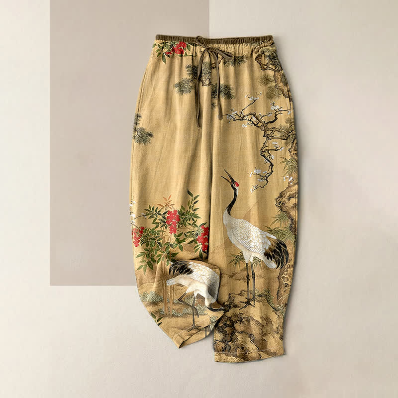 Buddha Stones Pantalon pour femme en pur coton, motif grue et pin, taille élastique et poches - Blé - US16，UK/AU20，EU48 (3XL) - image 0