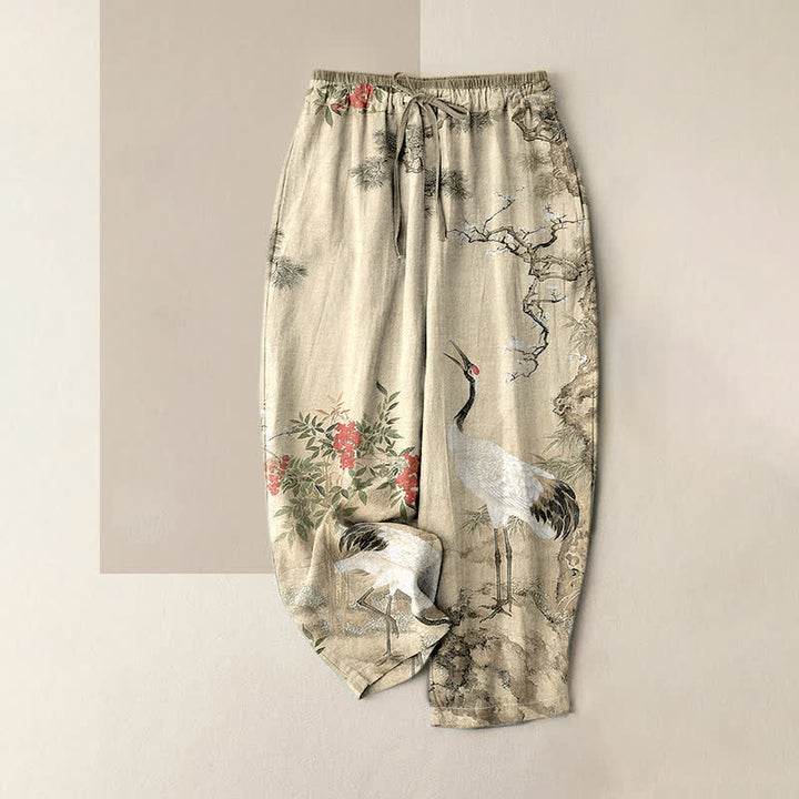 Buddha Stones Pantalon pour femme en pur coton, motif grue et pin, taille élastique et poches - Beige - US16，UK/AU20，EU48 (3XL) - image 3