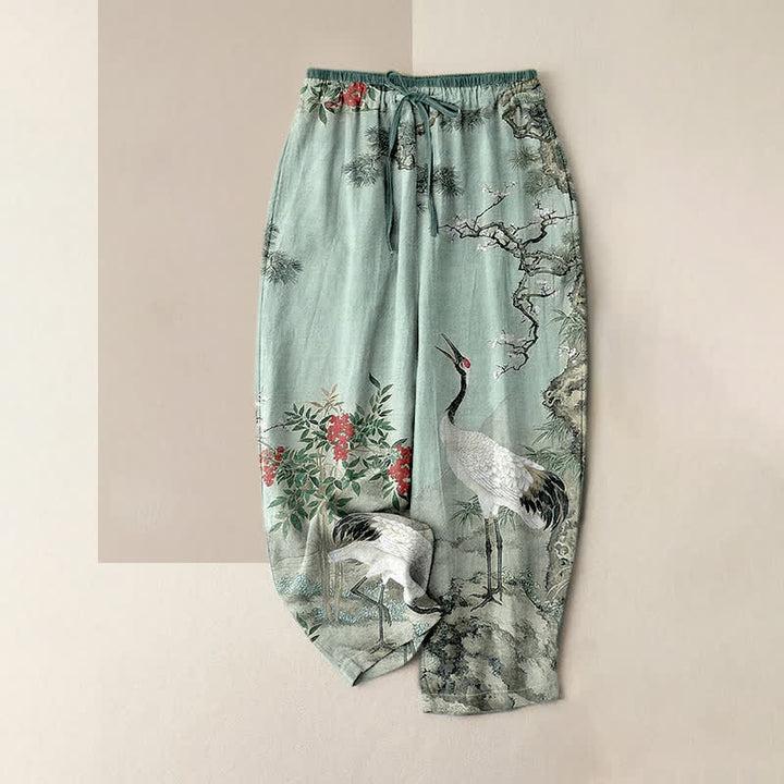 Buddha Stones Pantalon pour femme en pur coton, motif grue et pin, taille élastique et poches - Turquoise pâle - US16，UK/AU20，EU48 (3XL) - image 4