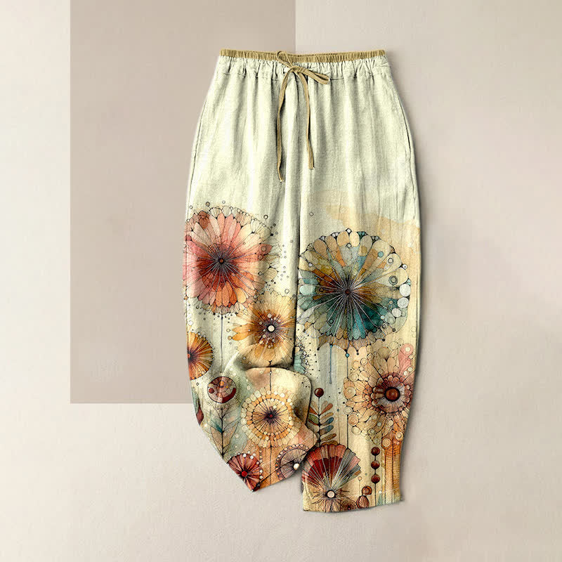 Buddha Stones Pantalon pour femme en pur coton, motif floral mandala aquarelle, taille élastique et poches - Jaune clair - US16，UK/AU20，EU48 (3XL) - image 0