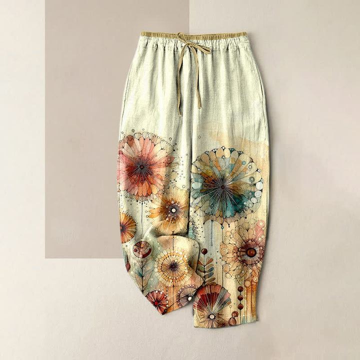 Buddha Stones Pantalon pour femme en pur coton, motif floral mandala aquarelle, taille élastique et poches - Jaune clair - US16，UK/AU20，EU48 (3XL) - image 0