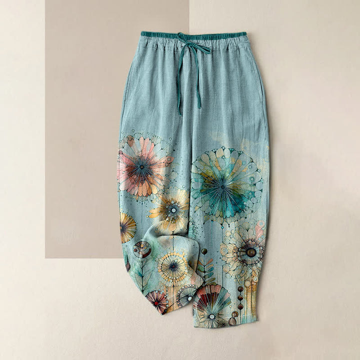 Buddha Stones Pantalon pour femme en pur coton, motif floral mandala aquarelle, taille élastique et poches - Bleu clair - US16，UK/AU20，EU48 (3XL) - image 3