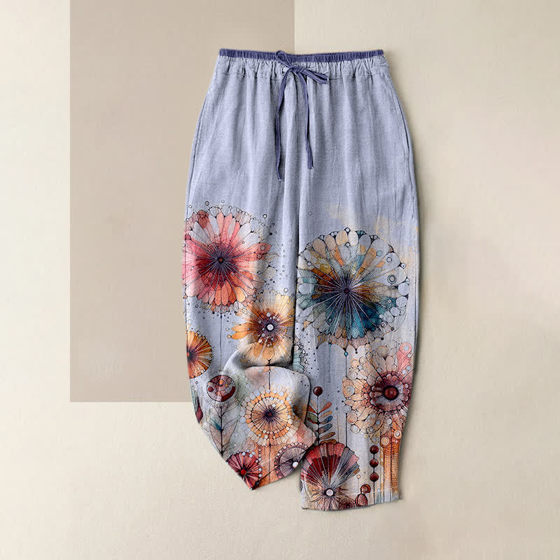 Buddha Stones Pantalon pour femme en pur coton, motif floral mandala aquarelle, taille élastique et poches - Lavande - US16，UK/AU20，EU48 (3XL) - image 4