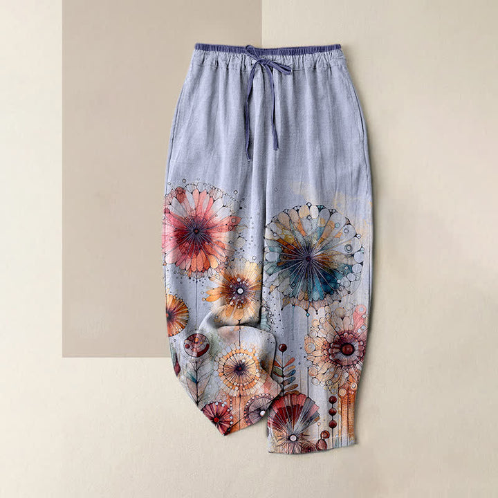Buddha Stones Pantalon pour femme en pur coton, motif floral mandala aquarelle, taille élastique et poches - Lavande - US16，UK/AU20，EU48 (3XL) - image 4
