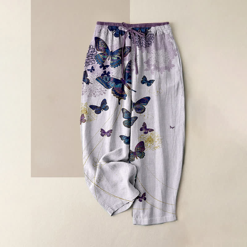 Buddha Stones Pantalon pour femme en pur coton, motif floral papillon bohème, taille élastique et poches - Lavande - US16，UK/AU20，EU48 (3XL) - image 0