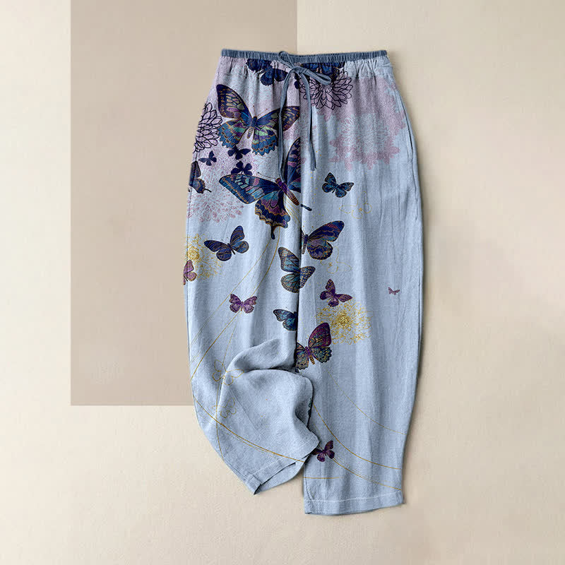 Buddha Stones Pantalon pour femme en pur coton, motif floral papillon bohème, taille élastique et poches - Bleu clair - US16，UK/AU20，EU48 (3XL) - image 3