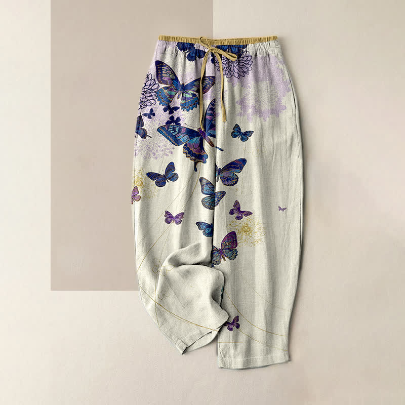 Buddha Stones Pantalon pour femme en pur coton, motif floral papillon bohème, taille élastique et poches - Ivoire - US16，UK/AU20，EU48 (3XL) - image 4