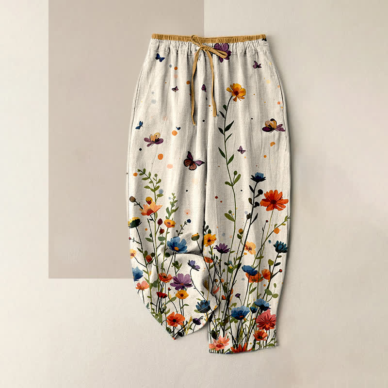 Buddha Stones Pantalon pour femme en pur coton, motif floral bohème et papillons, taille élastique et poches - Ivoire - US16，UK/AU20，EU48 (3XL) - image 0