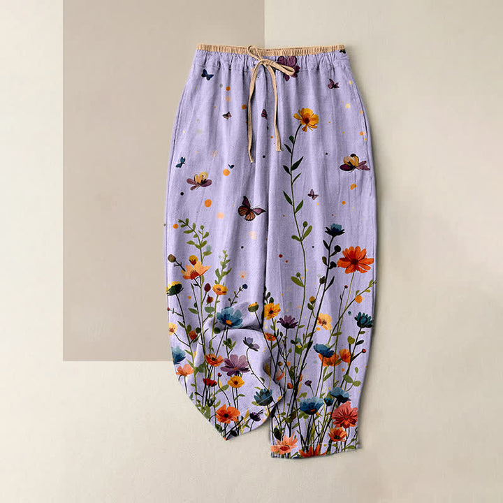 Buddha Stones Pantalon pour femme en pur coton, motif floral bohème et papillons, taille élastique et poches - Lavande - US16，UK/AU20，EU48 (3XL) - image 3