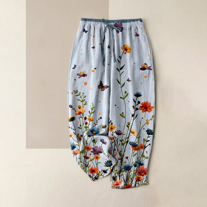 Buddha Stones Pantalon pour femme en pur coton, motif floral bohème et papillons, taille élastique et poches - Bleu clair - US16，UK/AU20，EU48 (3XL) - image 4